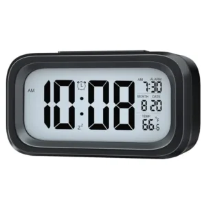 Digital lcd alarm clock with backlight optically controlled battery-powered clock with time, date, and temperature - Durable Plastic