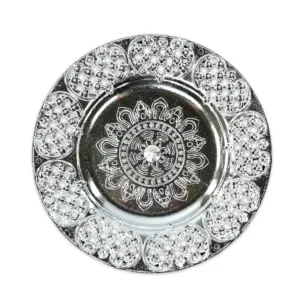 Decorative Silver Ethnic Pooja Thali with Kumkum Holders 8-inch Traditional Festival Thali