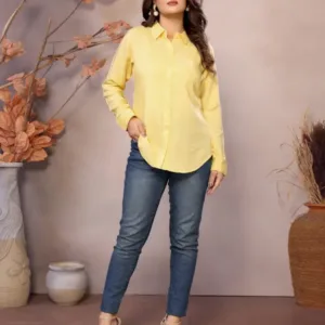 Golden Pure Viscose Collared Neck Hip Length Half Sleeve Shirt For Women