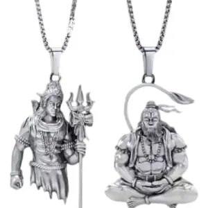 Pack of 2 Latest Hanuman Ji and Shiv Ji Lockets – Copper-Plated Steel Pendant with Alexandrite Stone, Free Size