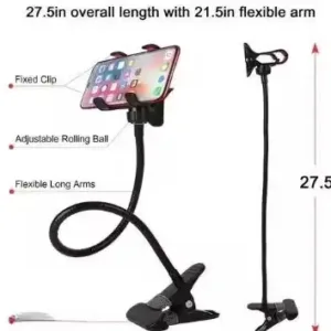 Metal Lazy Stand Bracket Mobile Phone Holder | Flexible 360° Gooseneck Long Arm Clip | Portable & Foldable | Universal for Phones up to 6.0" (Black). ( black, Standard )