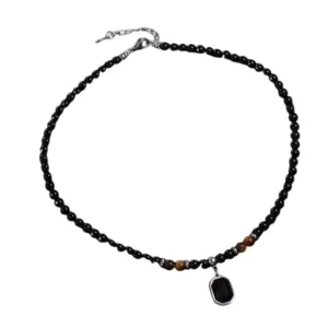 Men’s Stainless Steel Tiger Eye Stone Pendant Necklace with Beads – Silver-Plated Adjustable Chain, Stylish Locket for Men & Boys