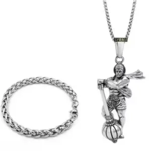 Hanuman Pendant and Bracelet Combo for Men & Women – Silver-Plated Alloy with Agate Stone, Free Size
