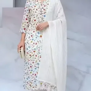 Women’s Cotton Kurta Set – White Printed Kurta with Pant & Dupatta (XXS to XXXL)
