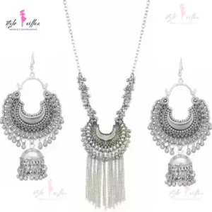 Partywear Silver Bold Necklace Set with Oxidised Finish – Necklace & Earrings for Women.